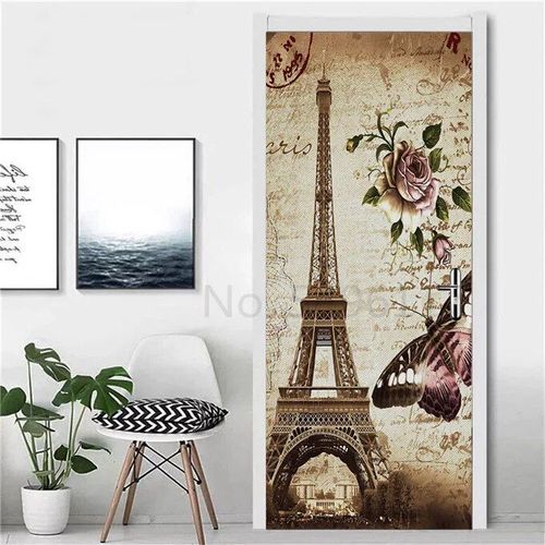Autocollant Tour Eiffel pour Réfrigérateur,Couverture de Porte,Papier Peint en Vinyle,Congélateur,Film Complet 3D,Affiche Auto-Adhésive,Décoration Murale