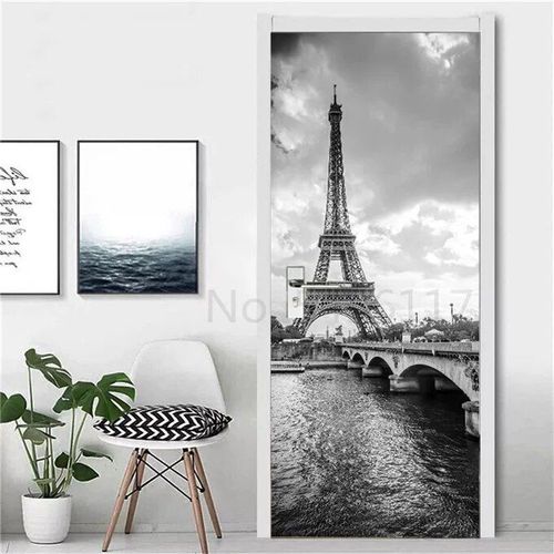 Autocollant Tour Eiffel pour Réfrigérateur,Couverture de Porte,Papier Peint en Vinyle,Congélateur,Film Complet 3D,Affiche Auto-Adhésive,Décoration Murale