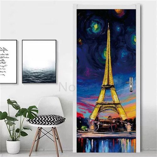 Autocollant Tour Eiffel pour Réfrigérateur,Couverture de Porte,Papier Peint en Vinyle,Congélateur,Film Complet 3D,Affiche Auto-Adhésive,Décoration Murale