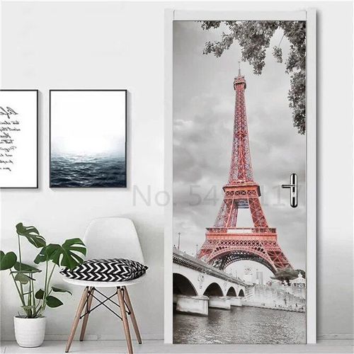 Autocollant Tour Eiffel pour Réfrigérateur,Couverture de Porte,Papier Peint en Vinyle,Congélateur,Film Complet 3D,Affiche Auto-Adhésive,Décoration Murale