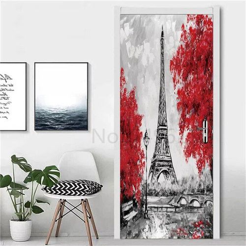 Autocollant Tour Eiffel pour Réfrigérateur,Couverture de Porte,Papier Peint en Vinyle,Congélateur,Film Complet 3D,Affiche Auto-Adhésive,Décoration Murale