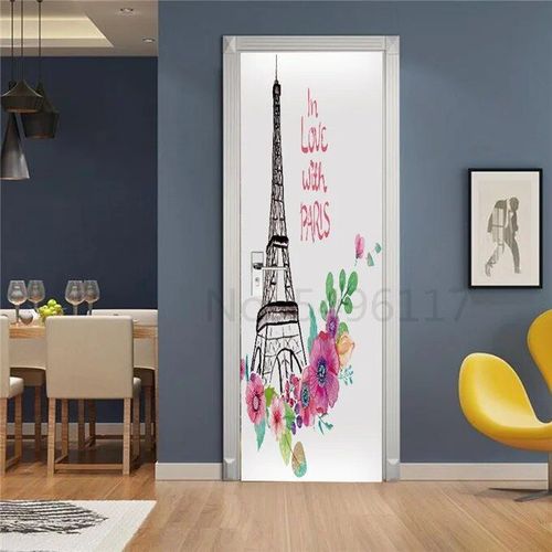Autocollant Tour Eiffel pour Réfrigérateur,Couverture de Porte,Papier Peint en Vinyle,Congélateur,Film Complet 3D,Affiche Auto-Adhésive,Décoration Murale