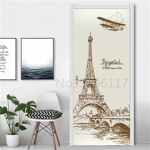 Autocollant Tour Eiffel pour Réfrigérateur,Couverture de Porte,Papier Peint en Vinyle,Congélateur,Film Complet 3D,Affiche Auto-Adhésive,Décoration Murale