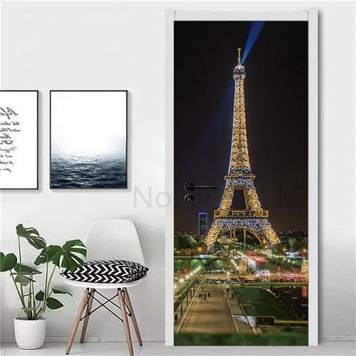 Autocollant Tour Eiffel pour Réfrigérateur,Couverture de Porte,Papier Peint en Vinyle,Congélateur,Film Complet 3D,Affiche Auto-Adhésive,Décoration Murale