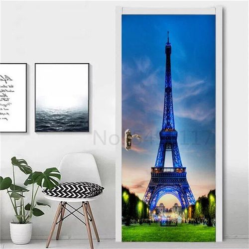 Autocollant Tour Eiffel pour Réfrigérateur,Couverture de Porte,Papier Peint en Vinyle,Congélateur,Film Complet 3D,Affiche Auto-Adhésive,Décoration Murale