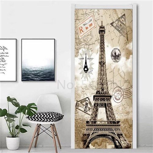 Autocollant Tour Eiffel pour Réfrigérateur,Couverture de Porte,Papier Peint en Vinyle,Congélateur,Film Complet 3D,Affiche Auto-Adhésive,Décoration Murale