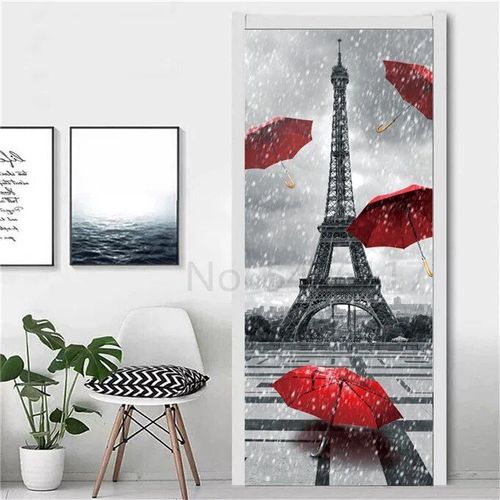 Autocollant Tour Eiffel pour Réfrigérateur,Couverture de Porte,Papier Peint en Vinyle,Congélateur,Film Complet 3D,Affiche Auto-Adhésive,Décoration Murale