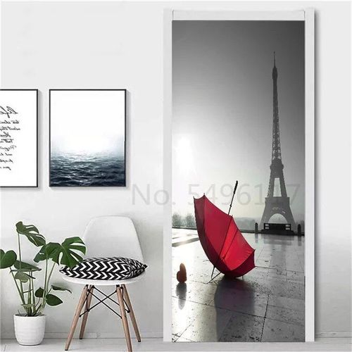 Autocollant Tour Eiffel pour Réfrigérateur,Couverture de Porte,Papier Peint en Vinyle,Congélateur,Film Complet 3D,Affiche Auto-Adhésive,Décoration Murale