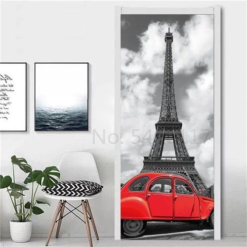 Autocollant Tour Eiffel pour Réfrigérateur,Couverture de Porte,Papier Peint en Vinyle,Congélateur,Film Complet 3D,Affiche Auto-Adhésive,Décoration Murale
