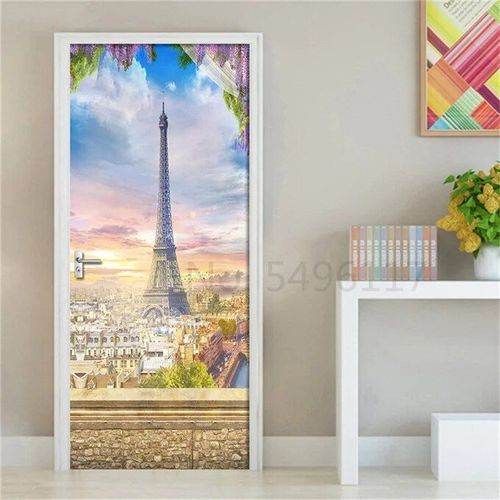 Autocollant Tour Eiffel pour Réfrigérateur,Couverture de Porte,Papier Peint en Vinyle,Congélateur,Film Complet 3D,Affiche Auto-Adhésive,Décoration Murale