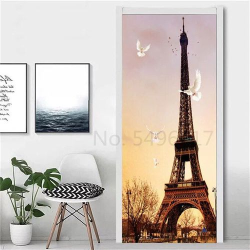 Autocollant Tour Eiffel pour Réfrigérateur,Couverture de Porte,Papier Peint en Vinyle,Congélateur,Film Complet 3D,Affiche Auto-Adhésive,Décoration Murale