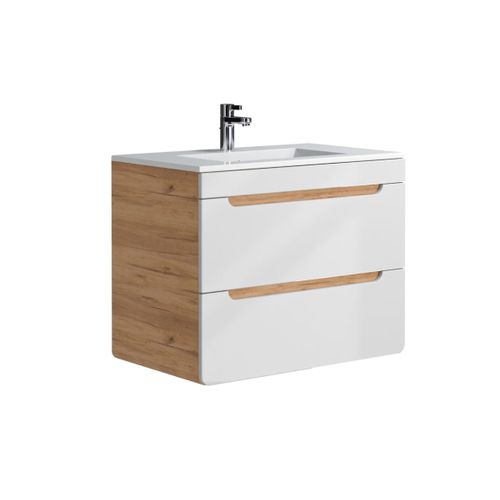 Meuble De Salle De Bain Suspendu Avec Vasque À Encastrer - Coloris Naturel Et Blanc - 80 Cm - Aruba