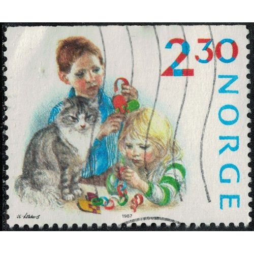 Norvège 1987 Oblitéré Used Préparatifs De Noël Enfants Et Leur Chat Y&t No 940 Su