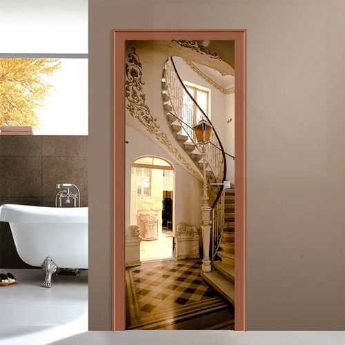 Autocollant de porte 3D du bâtiment de New York,papier peint auto-adhésif,peinture murale perfecVinyl,décor à la maison,décalcomanie d'art,affiche d'escalier en spirale,PVC