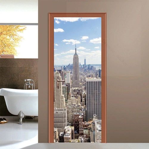Autocollant de porte 3D du bâtiment de New York,papier peint auto-adhésif,peinture murale perfecVinyl,décor à la maison,décalcomanie d'art,affiche d'escalier en spirale,PVC