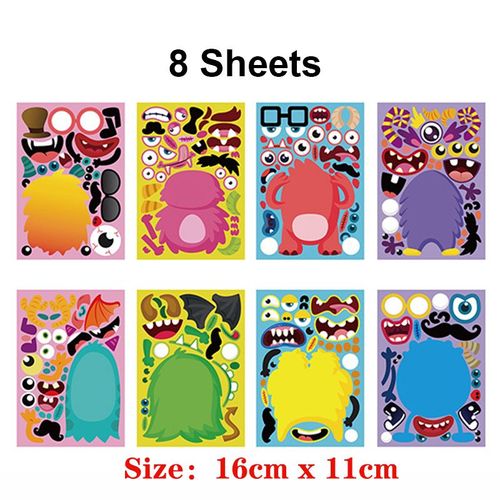 8 Feuilles - Autocollants Diy Pour Enfants, Jeux De Puzzle Mignons, Créer Un Visage, Princesse, Animal, Dinosaure, Assembler Des Jouets Pour Filles, Entraînement, 9 Pièces/Ensemble