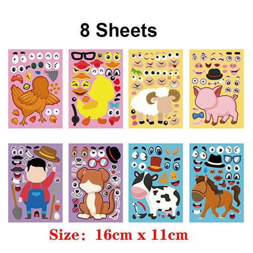 8 Feuilles - Autocollants Diy Pour Enfants, Jeux De Puzzle Mignons, Créer Un Visage, Princesse, Animal, Dinosaure, Assembler Des Jouets Pour Filles, Entraînement, 9 Pièces/Ensemble