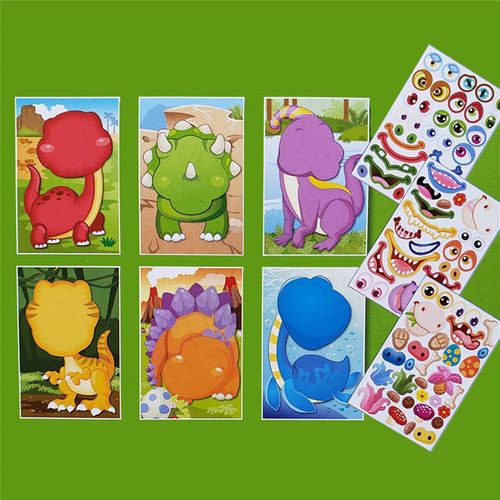Dinosaure - Autocollants DIY pour enfants, Jeux de puzzle mignons, Créer un visage, Princesse, Animal, Dinosaure, Assembler des jouets pour filles, Entraînement, 9 pièces/ensemble