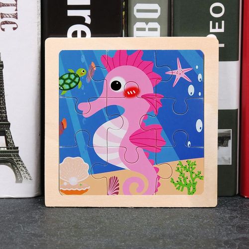 Un hippocampe - Jouet en bois 3D Montessori pour enfants, Matériaux éducatifs, Dessin animé, Dinosaure, Puzzles de transport, Jouets'apprentissage, 9 pièces
