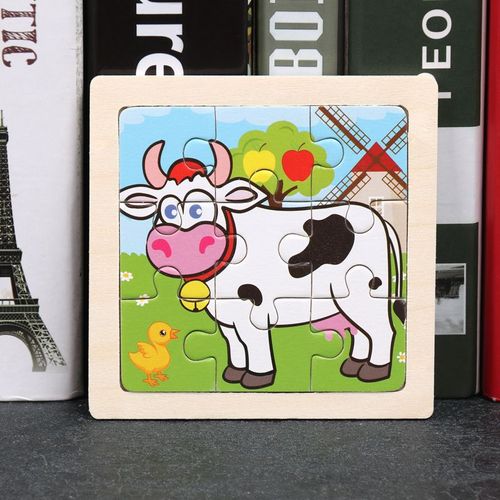 Vache - Jouet en bois 3D Montessori pour enfants, Matériaux éducatifs, Dessin animé, Dinosaure, Puzzles de transport, Jouets'apprentissage, 9 pièces