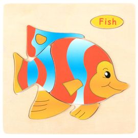 08-Poisson - Puzzle 3d En Bois Montessori Pour Enfants, Jouets De Dessin Animé, Animal, Véhicule, Intelligence, Enfants, Bébé