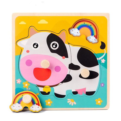 Vache - Puzzle 3d En Bois Pour Bébé, Jouets Éducatifs, Animaux De Dessin Animé, Apprentissage Précoce De La Cognition, Jeu Pour Enfants