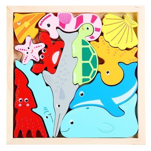 MarineAni - Puzzle en bois pour enfants, Puzzle tridimensionnel, Animaux de dessin animé, éducation précoce, Planche à saisir, Fruits et légumes