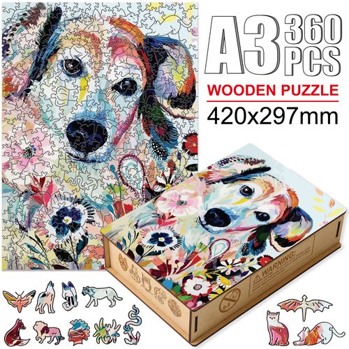 ZK-W04-A3 - Puzzles animaux en bois colorés, Forme irrégulière, Chat chimpanzé, Jeux de puzzle pour adultes et enfants, Artisanat de bricolage, Rhinocéros coloré