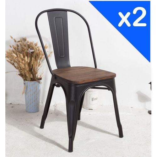Kosmi Lot De 2 Chaises Noires Et Bois Style Industriel Factory En Métal Noir Mat Et Assise En Bois Foncé