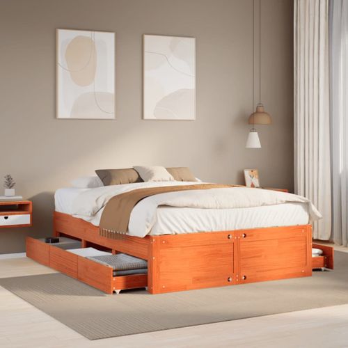 Vidaxl Cadre De Lit Sans Matelas Avec Tiroirs Brun Cire 160x200 Cm Pin