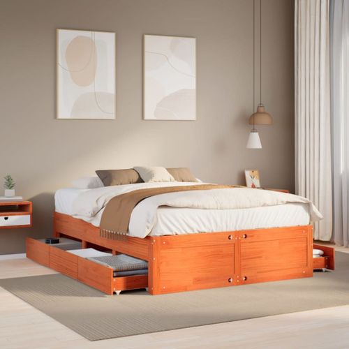 Vidaxl Cadre De Lit Sans Matelas Avec Tiroirs Brun Cire 140x200 Cm Pin