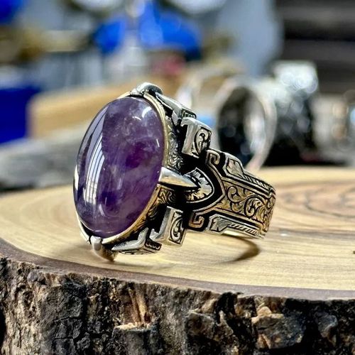 Élégant Chevalière En Argent Massif 925. Sertie Cabochon Améthyste