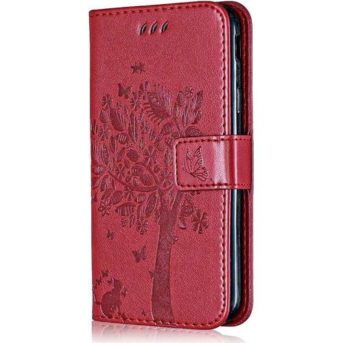 Coque Pour Samsung Galaxy A30s, Etui En Cuir Pu Portefeuille, Antichoc Flip Case Housse Rétro Emboss Série De Chat Et D'arbre Pour Samsung Galaxy A30s - Rouge