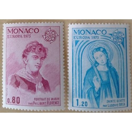 Deux Timbres Neufs Monaco Europa 1975, Portrait De Marin À 80 Centimes Et Sainte Dévote À 1,20 Francs.