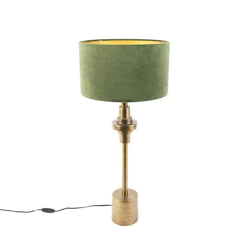 Qazqa Art Deco Lampe De Table / Lampe Ã¡ Poser / Luminaire / Lumiere / ÃClairage Art Dã©Co Avec Abat-Jour En Velours Vert 35 Cm - Diverso Aluminium /Tissu Vert,Bronze Cylindre / Intã©Rieur...