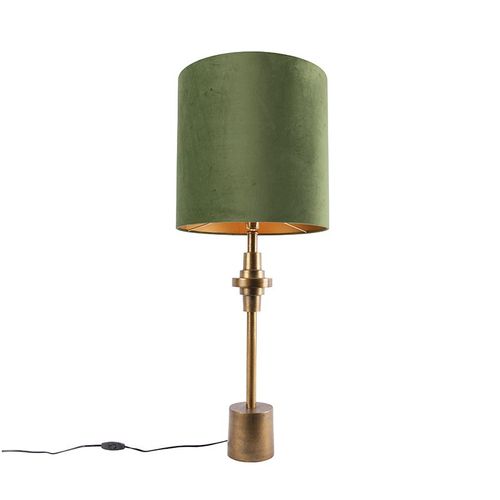 Qazqa Art Deco Lampe De Table / Lampe Ã¡ Poser / Luminaire / Lumiere / ÃClairage Bronze Velours Abat-Jour Vert 40 Cm - Diverso Aluminium /Tissu Vert,Noir Cylindre /Oblongue / Intã©Rieur /...