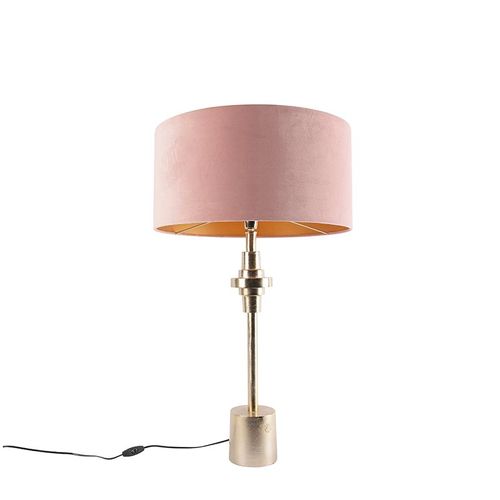 Qazqa Art Deco Lampe De Table / Lampe Ã¡ Poser / Luminaire / Lumiere / ÃClairage Art Dã©Co Velours Dorã© Abat-Jour Rose 50 Cm - Diverso Aluminium /Tissu Rose,Dorã©/Laiton Cylindre /Oblongue...