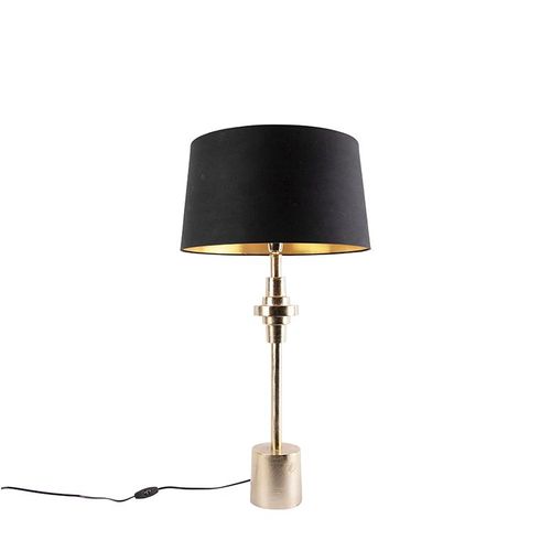Qazqa Art Deco Lampe De Table / Lampe Ã¡ Poser / Luminaire / Lumiere / ÃClairage Art Dã©Co Noir Avec Abat-Jour En Coton Noir 45 Cm - Diverso Aluminium /Coton Noir,Dorã©/Laiton Oblongue...