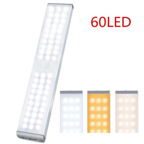 Lampe de Placard 60LED, Lampe à Détecteur de Mouvement, Luminosité Réglable avec 3 Couleurs, USB Rechargeable
