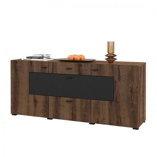 Buffet 165cm Collection Kobee 3 Portes Et 2 Tiroirs. Couleur Chêne Foncé Et Noir.