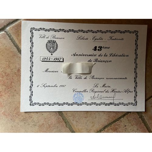Diplome 43 Eme Anniversaire De Liberation De Briancon