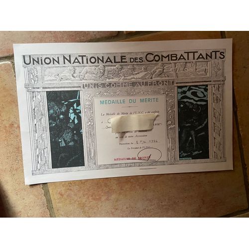 Diplome Union Nationale Des Combattants Medaille Du Merite