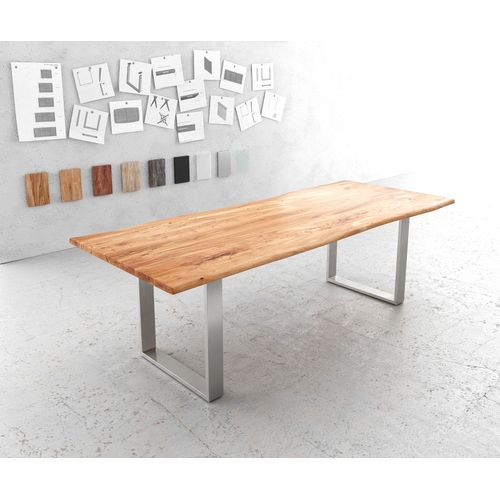 Table-De-Salle-À-Manger Edge Acacia Nature 240x100 Acier Inoxydable Étroit Live-Edge