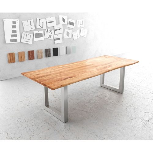 Table-De-Salle-À-Manger Edge Acacia Nature 240x100 Acier Inoxydable Large Live-Edge