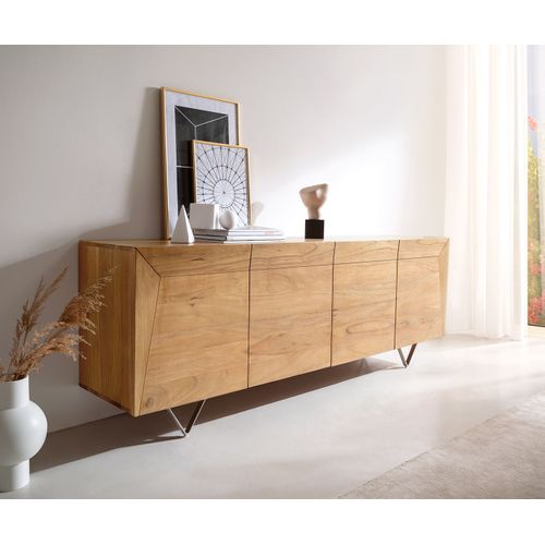 Commode Kayu Acacia Naturel 200x40x70 Cm 4 Portes Pied En V Buffet