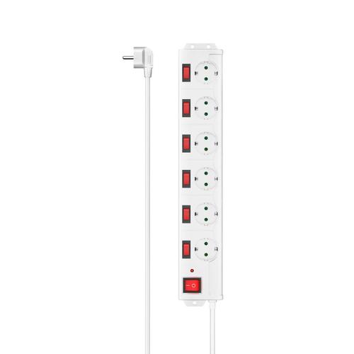 Multiprise, 6 prises, prot. ctre surt., 90°, régl. indiv., 1,4m, blche