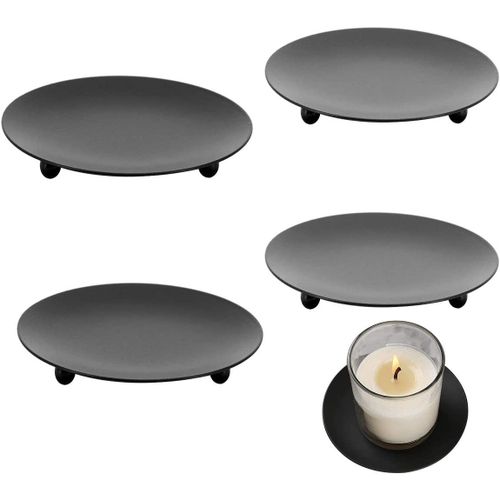 Chandelier 4Pcs Vintage Bougie Pilier Plaque de Bougie Rond Plaque de Décoration 7cm Porte Bougies en Fer Plaque de Chandelie(Noir)
