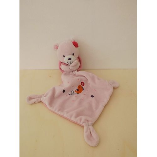 Doudou Ours Rose Oiseau Pommette