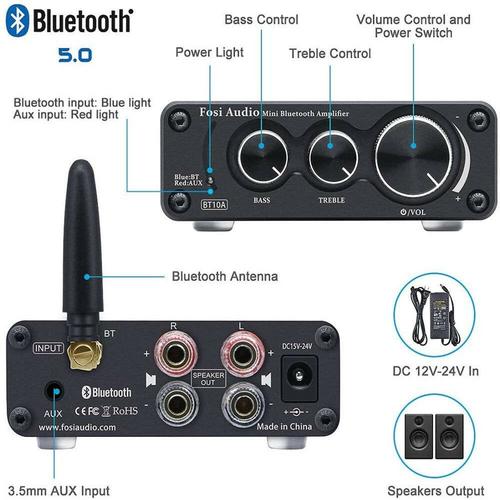 Amplificateur Audio Bluetooth 5.0, Mini Ampli Hifi 2,0CH, 100W x 2 Stéréo  Audio Récepteur avec Musique FM Radio TF/USB Récepteur pour PC Mobile  Maison Chambre : : High-Tech