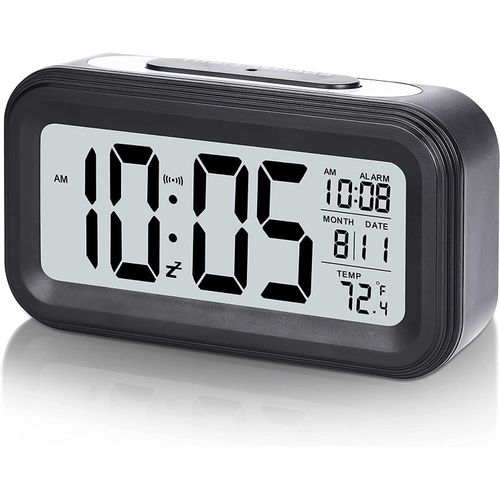 Réveil numérique,à Pile Silencieux pour Enfants Adultes Grand écran LED Température Calendrier, Reveil avec Veilleuse Snooze Fonction(Noir)